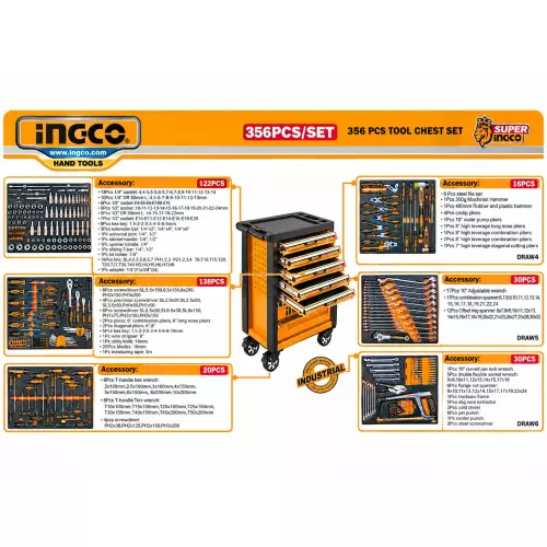 Servante 7 tiroirs complet 365pcs ingco 